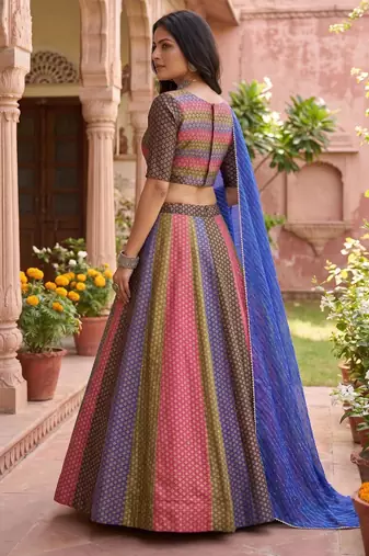 multicolor butti woven soft silk leriya print lehenga set with blouse & dupatta - full stitched free size