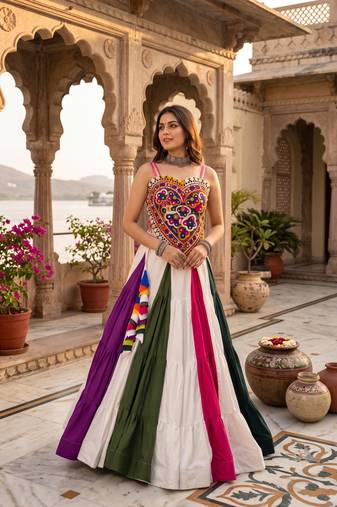 multicolor 9-color frilled rayon cotton lehenga with gamthi kutchi mirror work silk top - full stitched free size