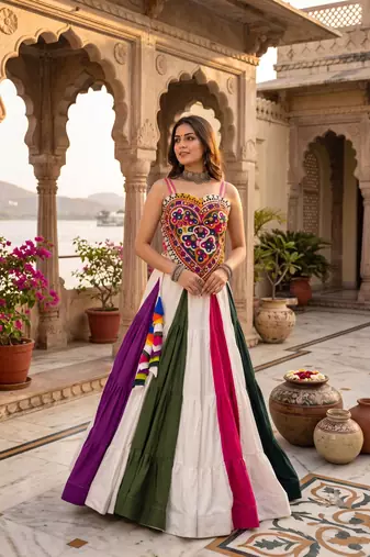 multicolor 9-color frilled rayon cotton lehenga with gamthi kutchi mirror work silk top - full stitched free size