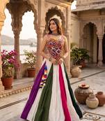 multicolor 9-color frilled rayon cotton lehenga with gamthi kutchi mirror work silk top - full stitched free size