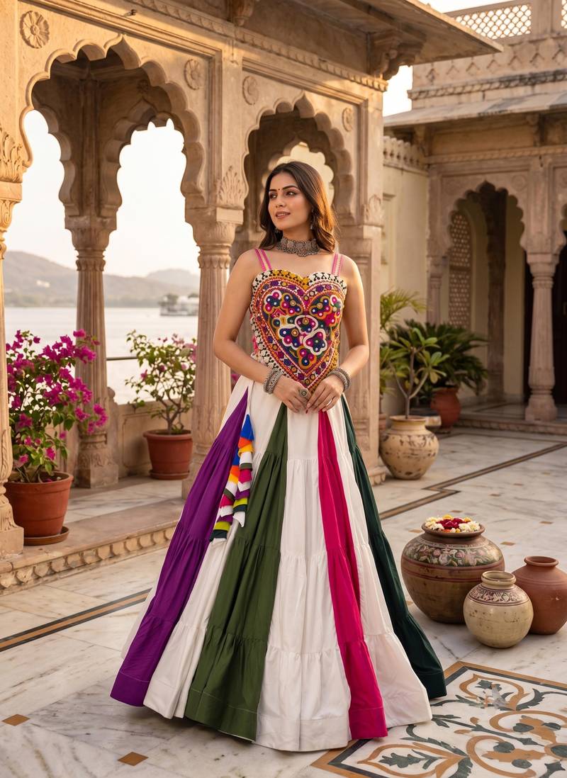 multicolor 9-color frilled rayon cotton lehenga with gamthi kutchi mirror work silk top - full stitched free size