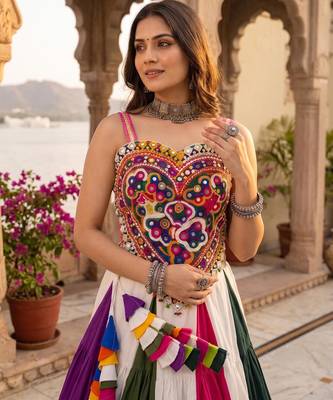 multicolor 9-color frilled rayon cotton lehenga with gamthi kutchi mirror work silk top - full stitched free size 2
