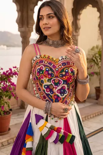 multicolor 9-color frilled rayon cotton lehenga with gamthi kutchi mirror work silk top - full stitched free size