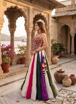 multicolor 9-color frilled rayon cotton lehenga with gamthi kutchi mirror work silk top - full stitched free size 3