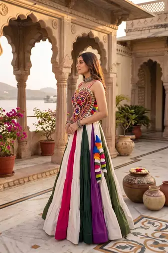multicolor 9-color frilled rayon cotton lehenga with gamthi kutchi mirror work silk top - full stitched free size