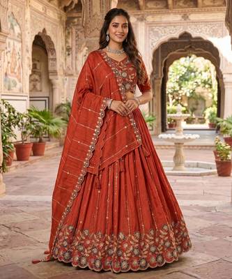 rust orange vichitra embroidered lehenga set with blouse & dupatta - full stitched free size 1