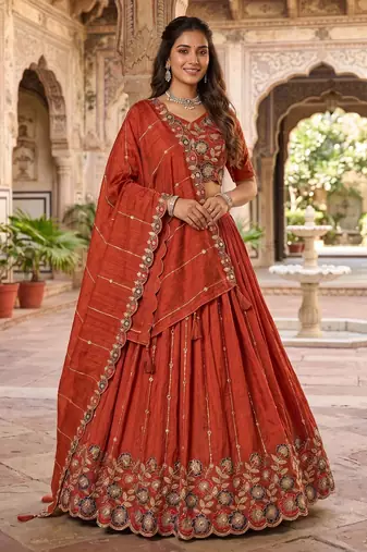 rust orange vichitra embroidered lehenga set with blouse & dupatta - full stitched free size