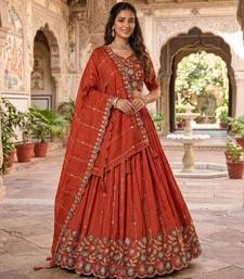 rust orange vichitra embroidered lehenga set with blouse & dupatta - full stitched free size