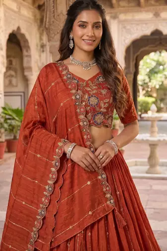 rust orange vichitra embroidered lehenga set with blouse & dupatta - full stitched free size