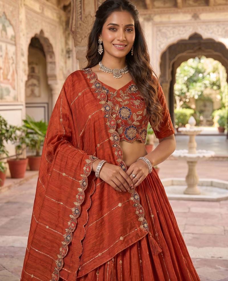 rust orange vichitra embroidered lehenga set with blouse & dupatta - full stitched free size