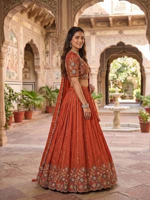 rust orange vichitra embroidered lehenga set with blouse & dupatta - full stitched free size 3