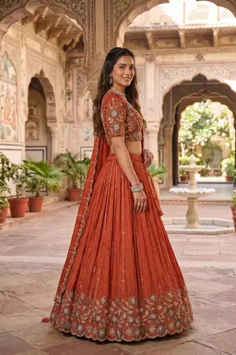 rust orange vichitra embroidered lehenga set with blouse & dupatta - full stitched free size