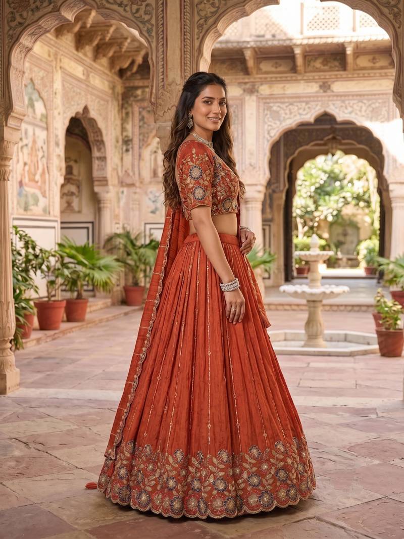 rust orange vichitra embroidered lehenga set with blouse & dupatta - full stitched free size