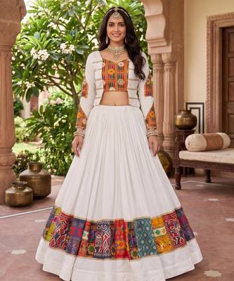multicolor printed rayon cotton foil work lehenga set with fancy top - full stitched free size 1