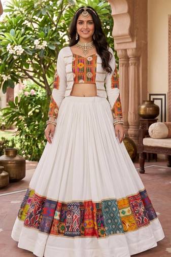 multicolor printed rayon cotton foil work lehenga set with fancy top - full stitched free size