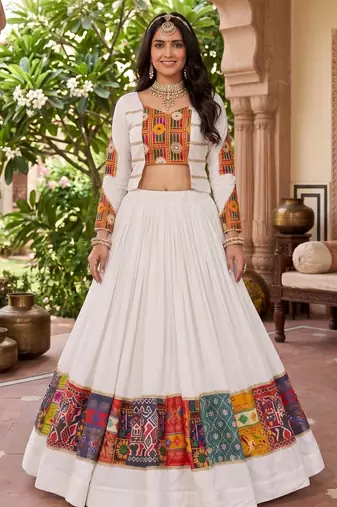 multicolor printed rayon cotton foil work lehenga set with fancy top - full stitched free size