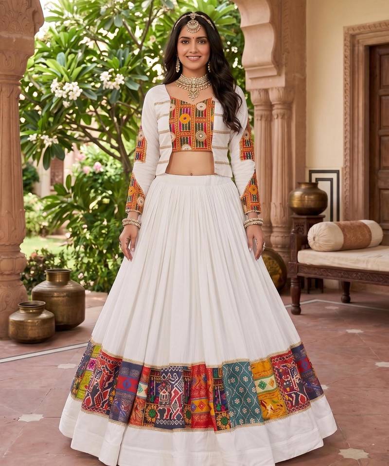 multicolor printed rayon cotton foil work lehenga set with fancy top - full stitched free size