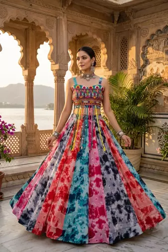multicolor shibori printed faux gorgette lehenga set with gamthi work top - full stitched free size
