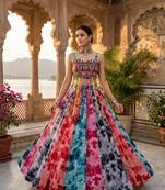 multicolor shibori printed faux gorgette lehenga set with gamthi work top - full stitched free size