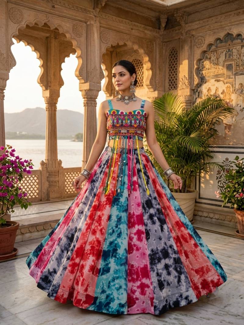 multicolor shibori printed faux gorgette lehenga set with gamthi work top - full stitched free size