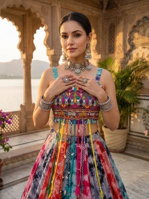 multicolor shibori printed faux gorgette lehenga set with gamthi work top - full stitched free size 2