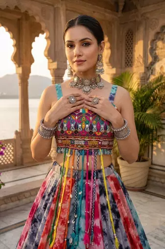 multicolor shibori printed faux gorgette lehenga set with gamthi work top - full stitched free size