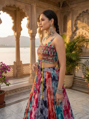 multicolor shibori printed faux gorgette lehenga set with gamthi work top - full stitched free size 3
