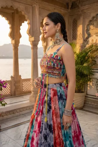 multicolor shibori printed faux gorgette lehenga set with gamthi work top - full stitched free size