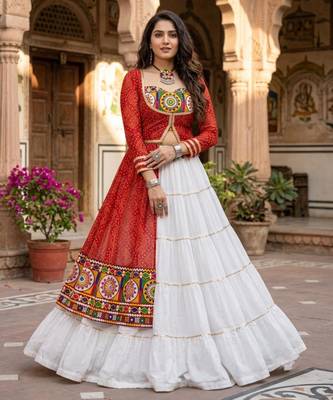 Multicolor Bandhani Printed Rayon Cotton Frilled Lehenga Set with Kutchhi Mirror Work Blouse & Koti 1