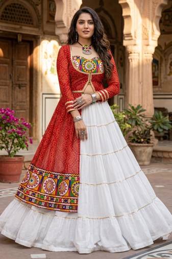 Multicolor Bandhani Printed Rayon Cotton Frilled Lehenga Set with Kutchhi Mirror Work Blouse & Koti