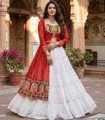Multicolor Bandhani Printed Rayon Cotton Frilled Lehenga Set with Kutchhi Mirror Work Blouse & Koti