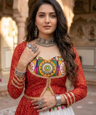 Multicolor Bandhani Printed Rayon Cotton Frilled Lehenga Set with Kutchhi Mirror Work Blouse & Koti 2