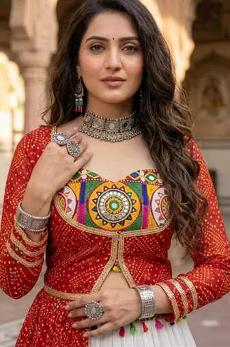 Multicolor Bandhani Printed Rayon Cotton Frilled Lehenga Set with Kutchhi Mirror Work Blouse & Koti