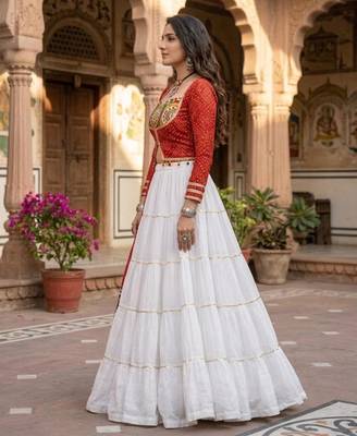 Multicolor Bandhani Printed Rayon Cotton Frilled Lehenga Set with Kutchhi Mirror Work Blouse & Koti 3