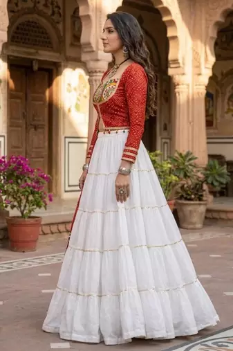 Multicolor Bandhani Printed Rayon Cotton Frilled Lehenga Set with Kutchhi Mirror Work Blouse & Koti