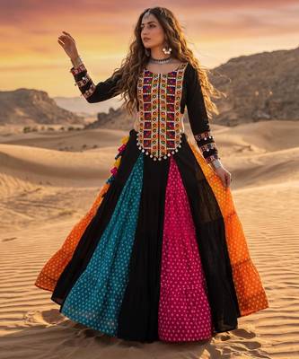 Multicolor Bandhani Printed Rayon Cotton Frilled Lehenga with Kutchi Mirror Work Full-Sleeve Top 1