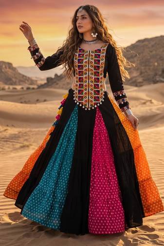 Multicolor Bandhani Printed Rayon Cotton Frilled Lehenga with Kutchi Mirror Work Full-Sleeve Top