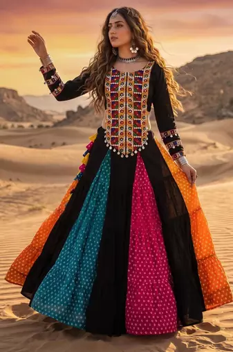 Multicolor Bandhani Printed Rayon Cotton Frilled Lehenga with Kutchi Mirror Work Full-Sleeve Top