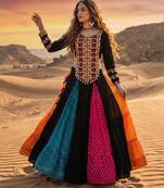 Multicolor Bandhani Printed Rayon Cotton Frilled Lehenga with Kutchi Mirror Work Full-Sleeve Top