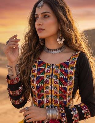Multicolor Bandhani Printed Rayon Cotton Frilled Lehenga with Kutchi Mirror Work Full-Sleeve Top 2