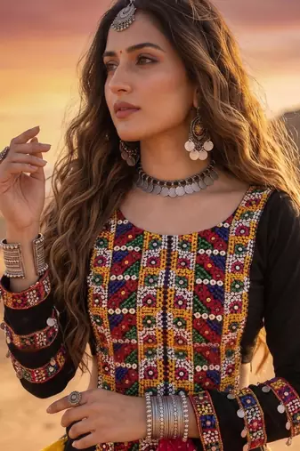 Multicolor Bandhani Printed Rayon Cotton Frilled Lehenga with Kutchi Mirror Work Full-Sleeve Top