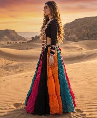 Multicolor Bandhani Printed Rayon Cotton Frilled Lehenga with Kutchi Mirror Work Full-Sleeve Top 3