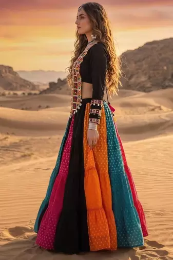 Multicolor Bandhani Printed Rayon Cotton Frilled Lehenga with Kutchi Mirror Work Full-Sleeve Top