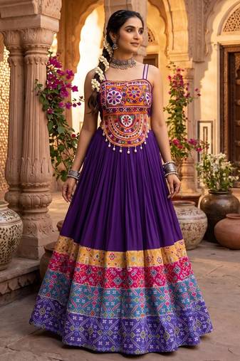 multicolor patola print rayon cotton lehenga set with gamthi work top - full stitched free size