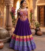 multicolor patola print rayon cotton lehenga set with gamthi work top - full stitched free size