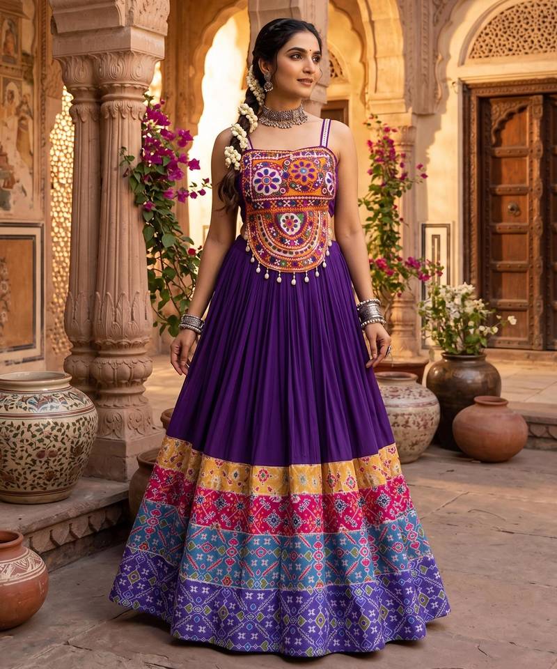multicolor patola print rayon cotton lehenga set with gamthi work top - full stitched free size
