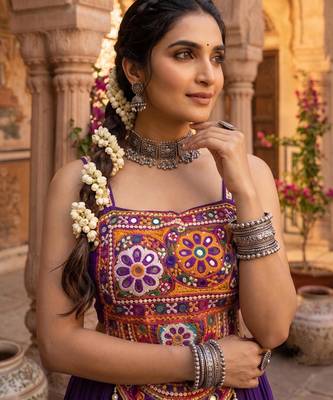 multicolor patola print rayon cotton lehenga set with gamthi work top - full stitched free size 2
