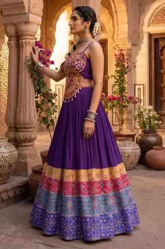 multicolor patola print rayon cotton lehenga set with gamthi work top - full stitched free size