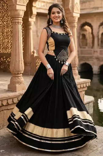 black plain rayon cotton gota patti lehenga set with zigzag patti top - full stitched free size