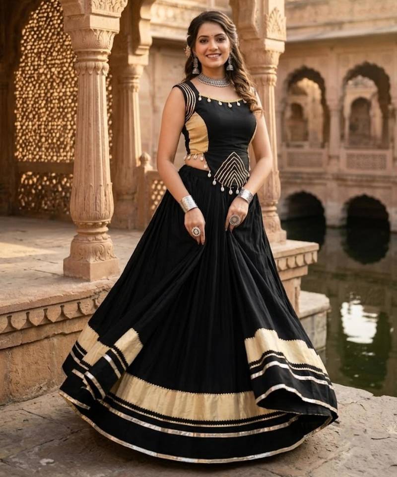 black plain rayon cotton gota patti lehenga set with zigzag patti top - full stitched free size